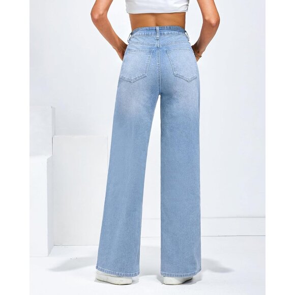 Wide Leg Jeans Women High Waisted Stretch Denim Baggy Pants with Pockets - Picture 3 of 5